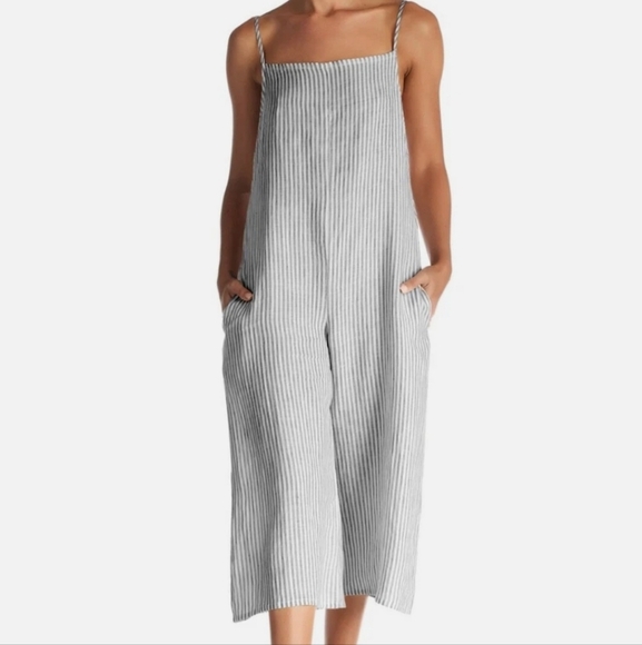 Vitamin A Linen Black Stripe Capri Jumpsuit - Picture 1 of 13